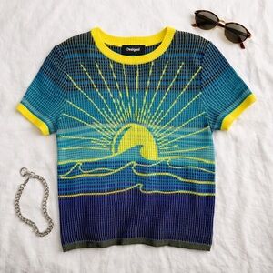 Desigual Sunset Wave Knit Top Size M | Graphic Short Sleeve T-Shirt